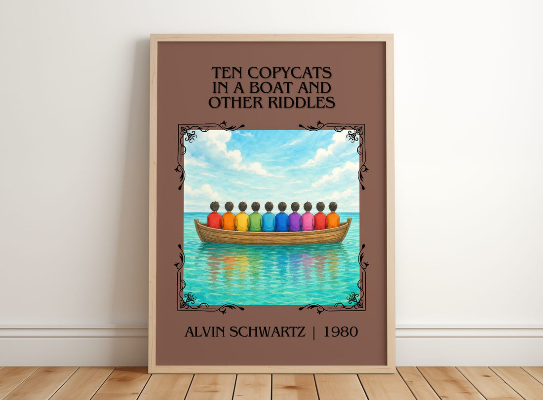 Ten Copycats In A Boat And Other Riddles Classic Book Art Print – framed print leaning on a wooden floor