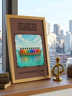 Ten Copycats In A Boat And Other Riddles Classic Book Art Print – framed print on a city-view windowsill