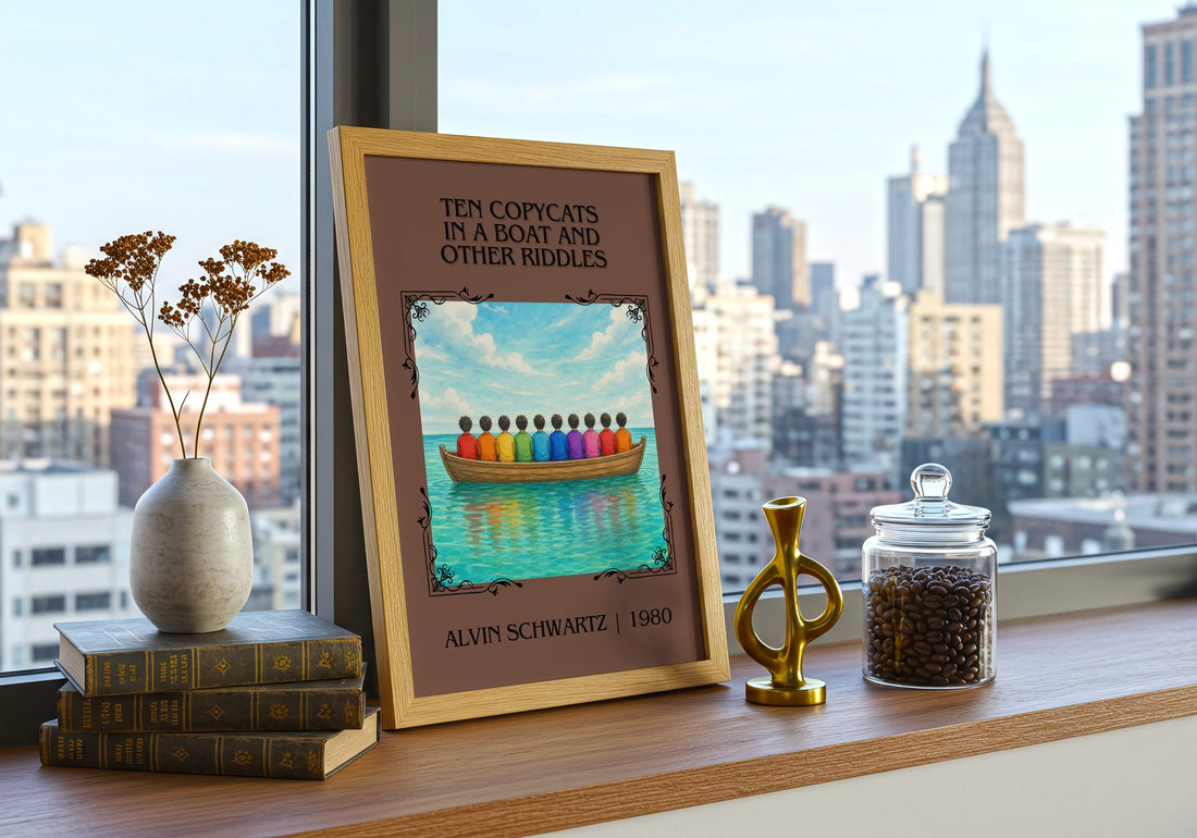Ten Copycats In A Boat And Other Riddles Classic Book Art Print – framed print on a city-view windowsill