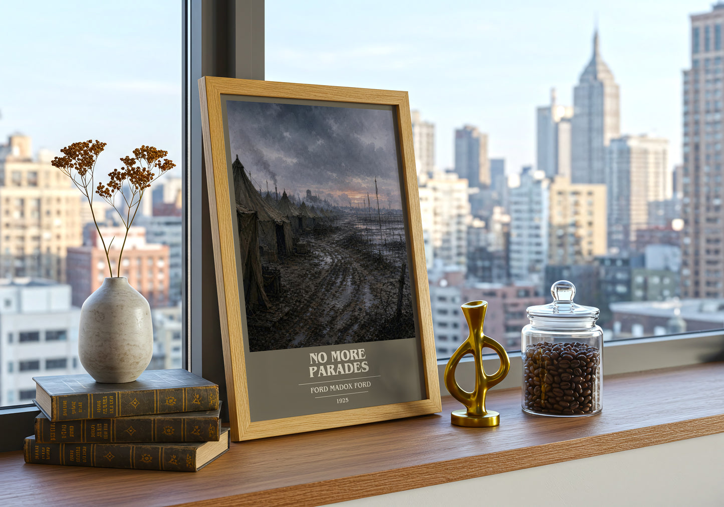 No More Parades book cover print framed by window – literary home decor