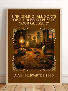 Unriddling: All Sorts Of Riddles To Puzzle Your Guessery Classic Book – framed print leaning on a wooden floor