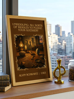 Unriddling: All Sorts Of Riddles To Puzzle Your Guessery Classic Book – framed print on a city-view windowsill