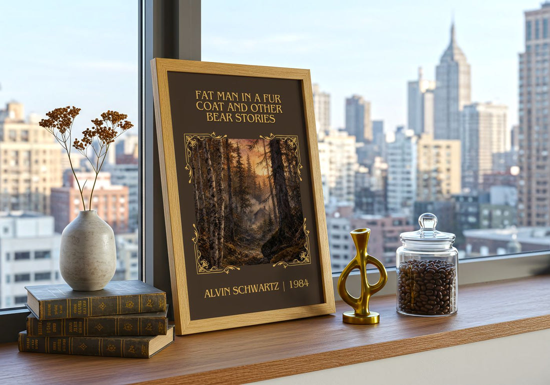 Fat Man In A Fur Coat And Other Bear Stories Classic Book Art Print – – framed print on a city-view windowsill