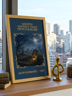 Ghosts! Ghostly Tales From Folklore Classic Book Art Print – framed print on a city-view windowsill