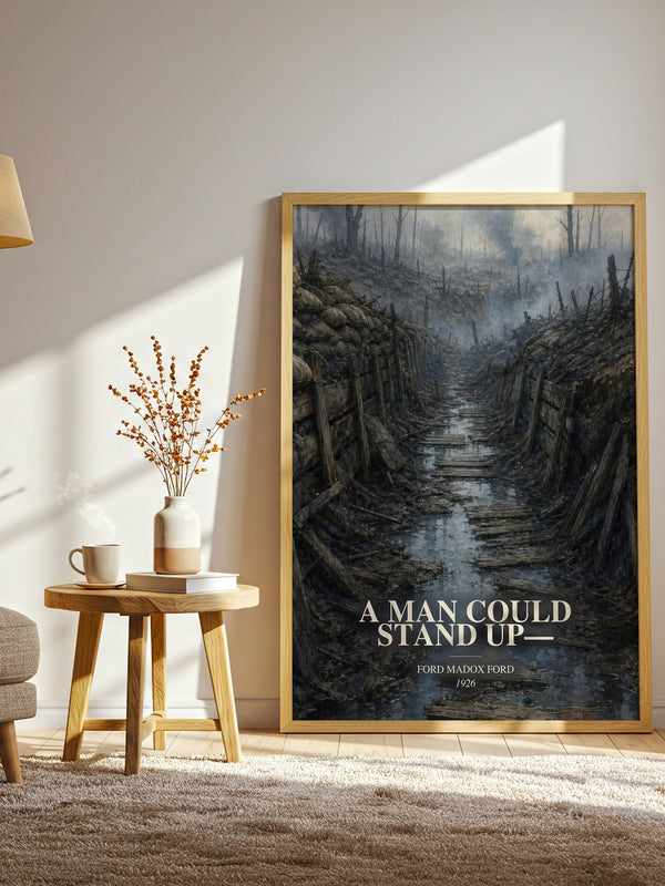 A Man Could Stand Up— watercolour print in frame leaning in hallway – literary fiction wall art