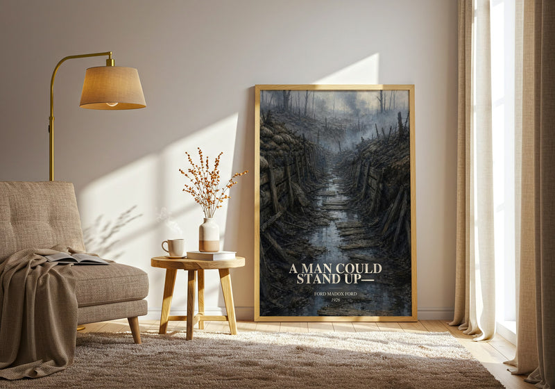 A Man Could Stand Up— watercolour print in frame leaning in hallway – literary fiction wall art