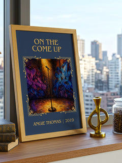 On The Come Up Classic Book Art Print by Angie Thomas – framed print on a city-view windowsill