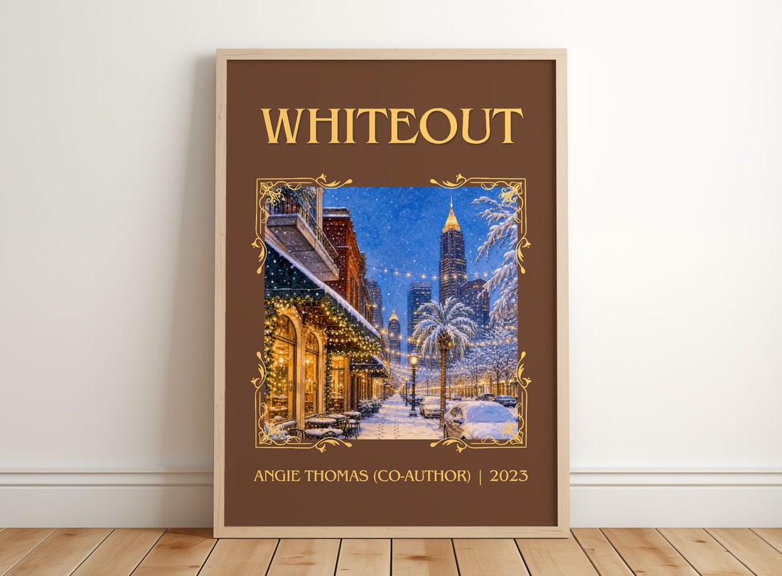 Whiteout Classic Book Art Print by Angie Thomas (Co-Author) – framed print leaning on a wooden floor
