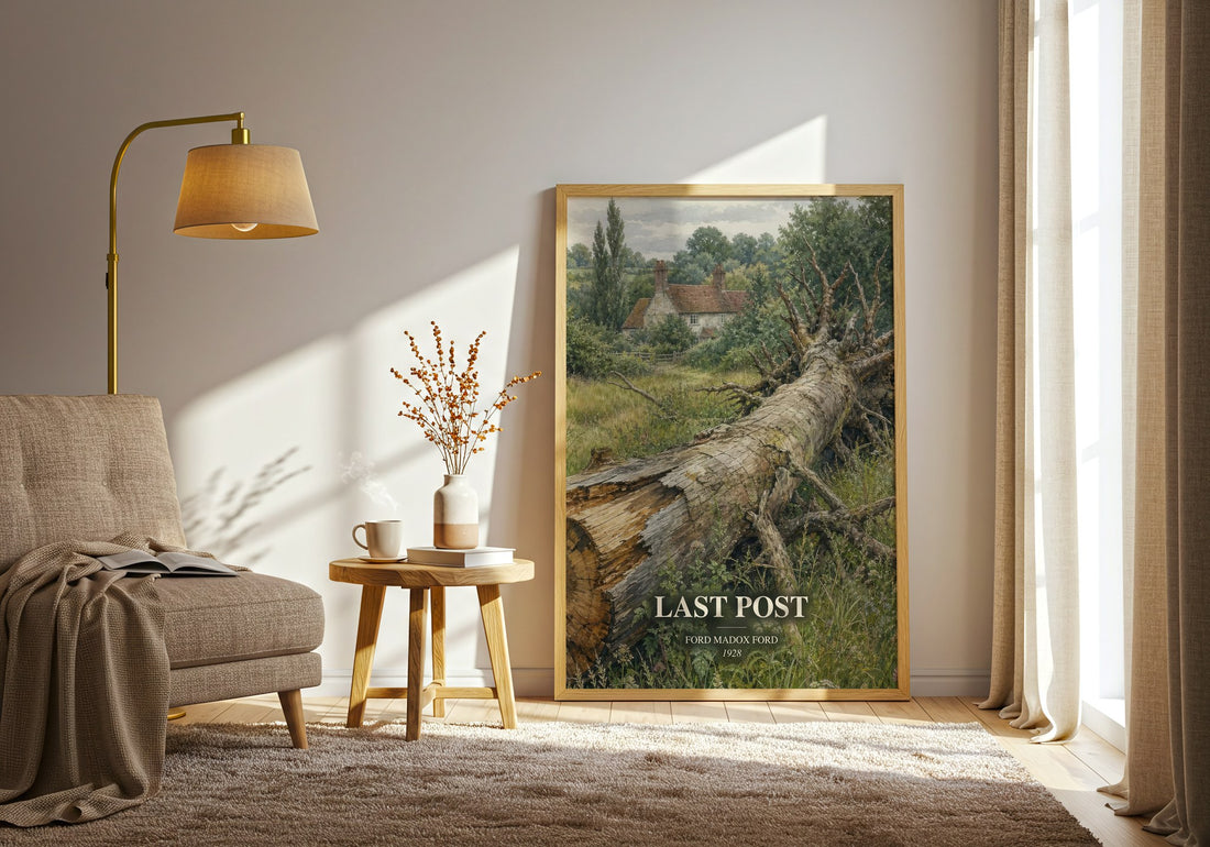 Last Post watercolour print in frame leaning in hallway – literary fiction wall art (mockup)