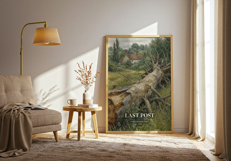 Last Post watercolour print in frame leaning in hallway – literary fiction wall art