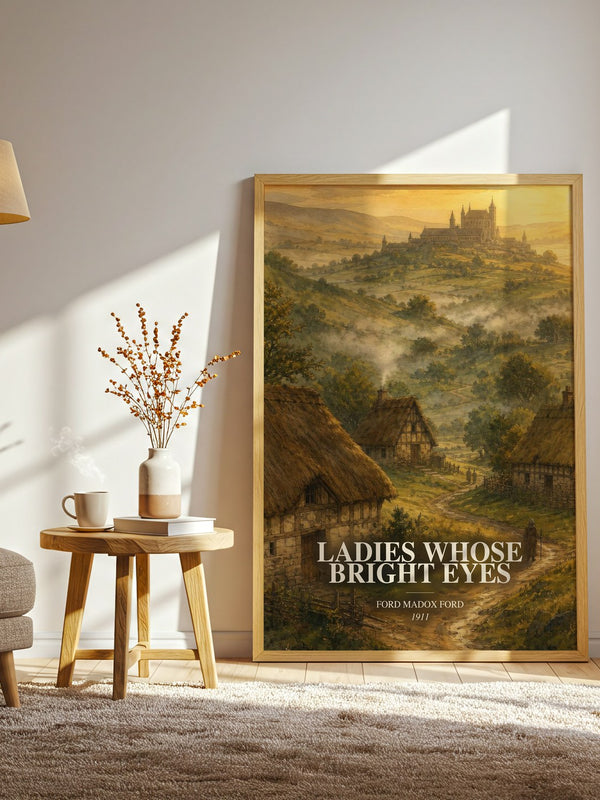 Ladies Whose Bright Eyes watercolour print in frame leaning in hallway – historical fiction wall art