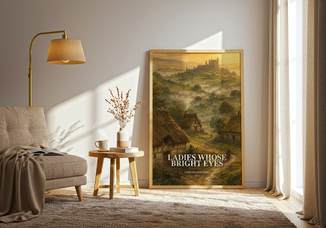 Ladies Whose Bright Eyes watercolour print in frame leaning in hallway – historical fiction wall art (mockup)