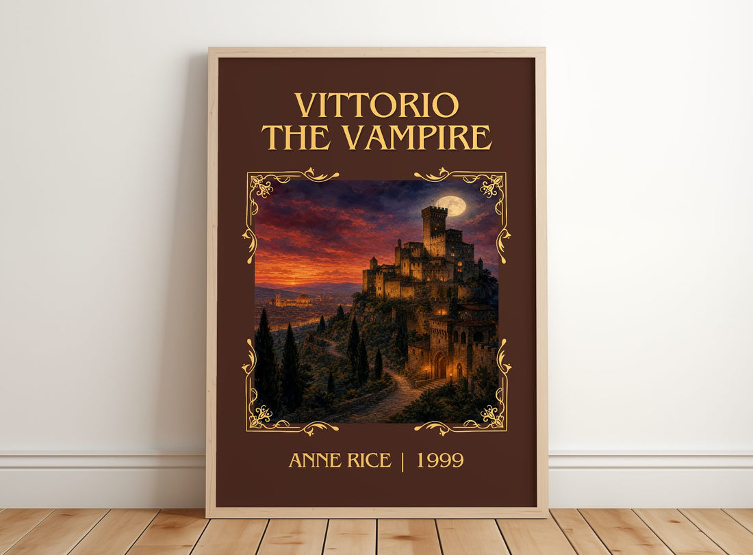 Vittorio The Vampire Classic Book Art Print by Anne Rice – framed print leaning on a wooden floor