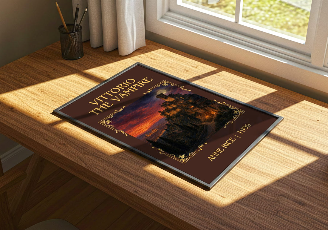 Vittorio The Vampire Classic Book Art Print by Anne Rice – print on a sunlit desk