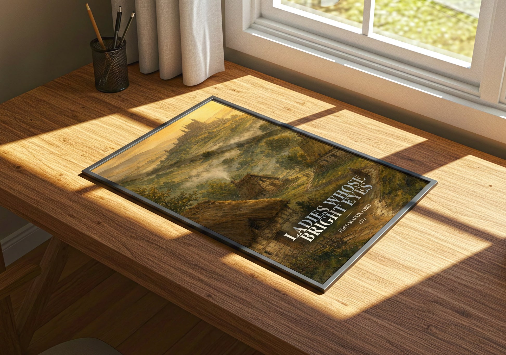 Ladies Whose Bright Eyes watercolour book poster framed on wall – historical fiction wall art