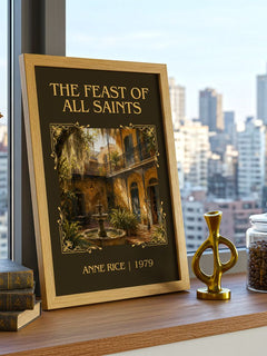 The Feast Of All Saints Classic Book Art Print by Anne Rice – framed print on a city-view windowsill