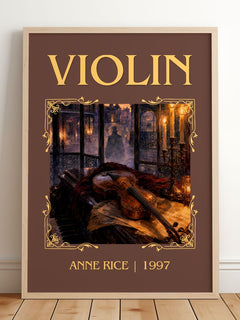 Violin Classic Book Art Print by Anne Rice – framed print leaning on a wooden floor