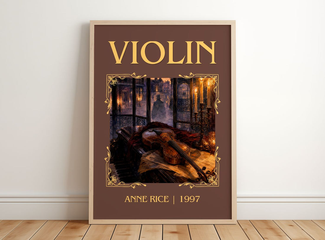 Violin Classic Book Art Print by Anne Rice – framed print leaning on a wooden floor