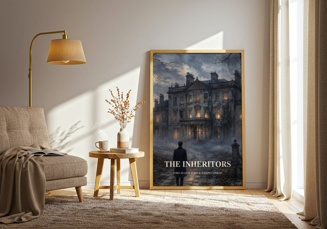 The Inheritors watercolour print in frame leaning in hallway – sci fi wall art (mockup)