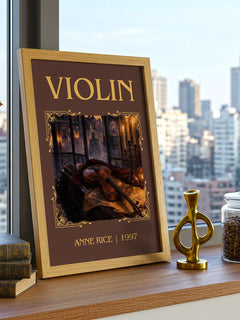 Violin Classic Book Art Print by Anne Rice – framed print on a city-view windowsill