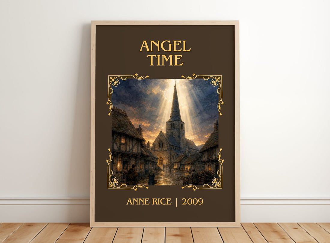 Angel Time Classic Book Art Print by Anne Rice – framed print leaning on a wooden floor