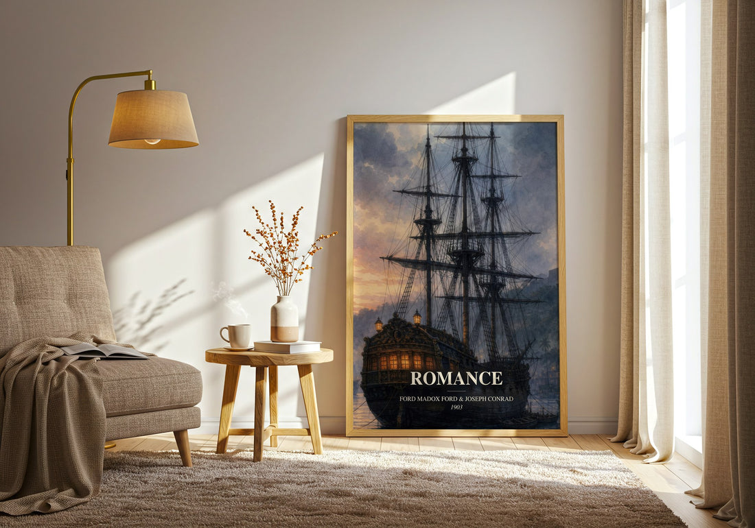 Romance watercolour print in frame leaning in hallway – adventure wall art (mockup)