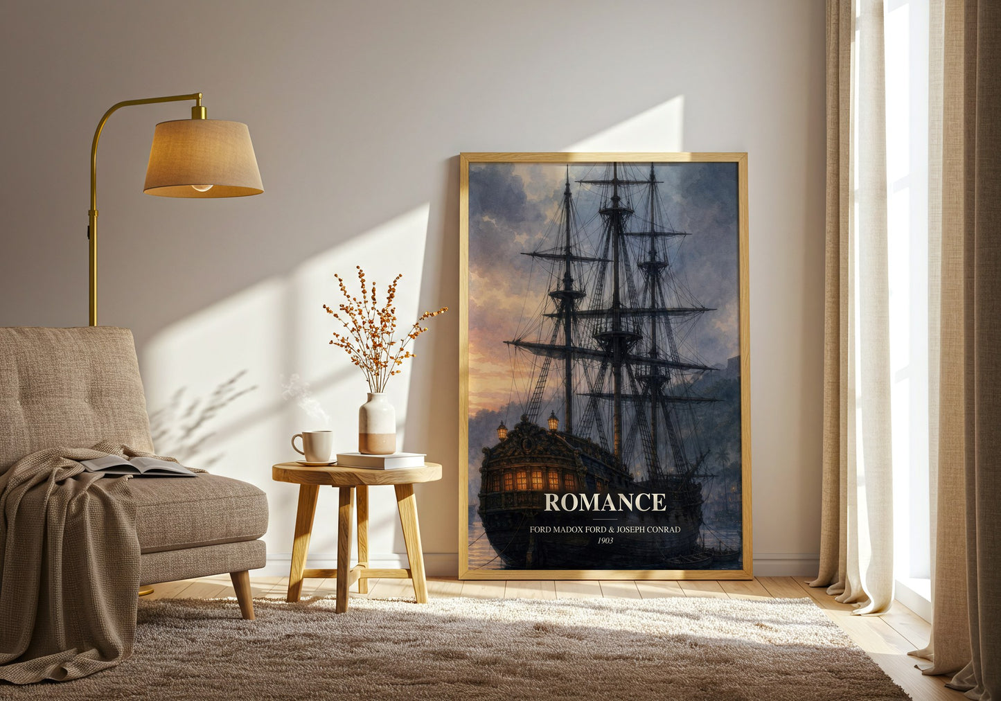 Romance watercolour print in frame leaning in hallway – adventure wall art