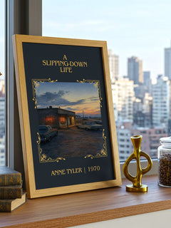 A Slipping-Down Life Classic Book Art Print by Anne Tyler – framed print on a city-view windowsill