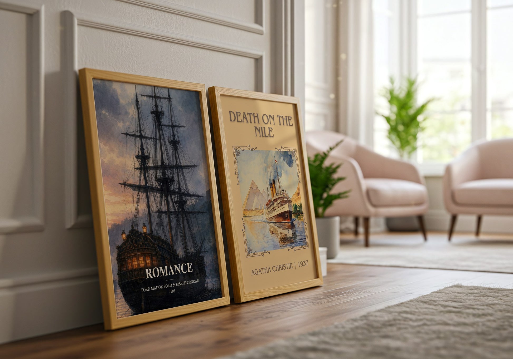 Romance watercolour print framed by window – literary home decor