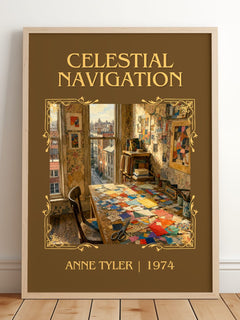 Celestial Navigation Classic Book Art Print by Anne Tyler – framed print leaning on a wooden floor