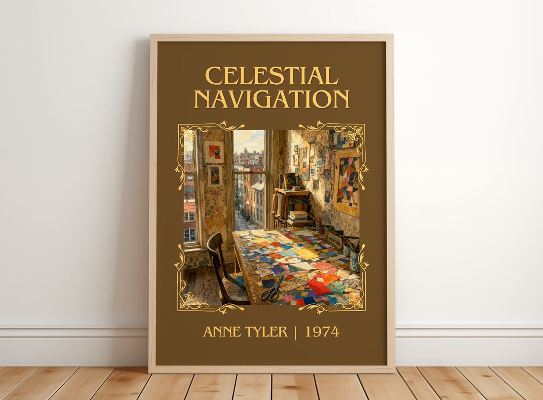 Celestial Navigation Classic Book Art Print by Anne Tyler – framed print leaning on a wooden floor