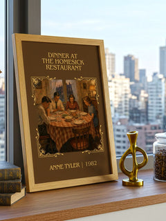 Dinner At The Homesick Restaurant Classic Book Art Print by Anne Tyler – framed print on a city-view windowsill