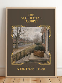 The Accidental Tourist Classic Book Art Print by Anne Tyler – framed print leaning on a wooden floor