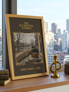 The Accidental Tourist Classic Book Art Print by Anne Tyler – framed print on a city-view windowsill