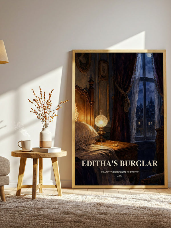 Editha'S Burglar watercolour print in frame leaning in hallway – childrens wall art
