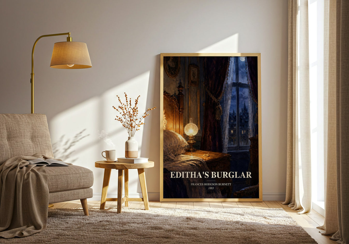 Editha'S Burglar watercolour print in frame leaning in hallway – childrens wall art