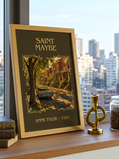 Saint Maybe Classic Book Art Print by Anne Tyler – framed print on a city-view windowsill