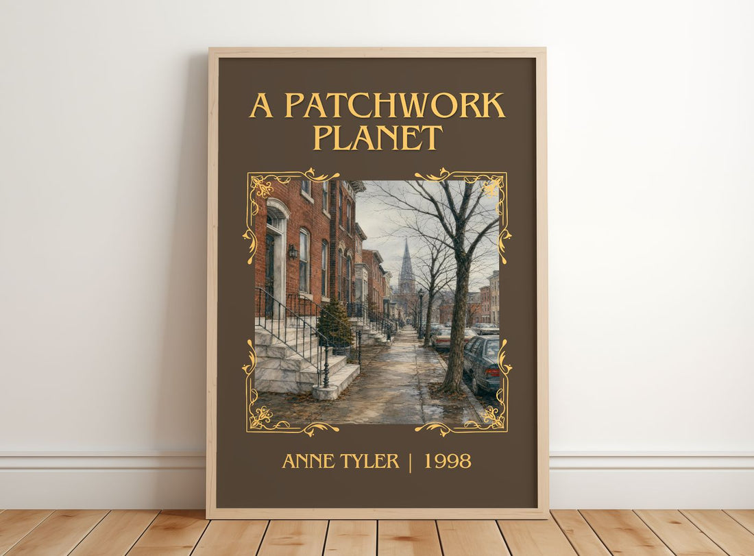 A Patchwork Planet Classic Book Art Print by Anne Tyler – framed print leaning on a wooden floor