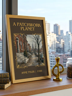A Patchwork Planet Classic Book Art Print by Anne Tyler – framed print on a city-view windowsill