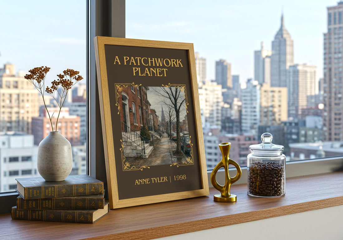 A Patchwork Planet Classic Book Art Print by Anne Tyler – framed print on a city-view windowsill