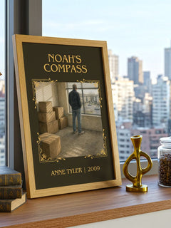 Noah'S Compass Classic Book Art Print by Anne Tyler – framed print on a city-view windowsill