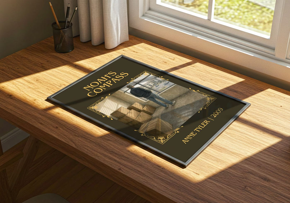 Noah'S Compass Classic Book Art Print by Anne Tyler – print on a sunlit desk