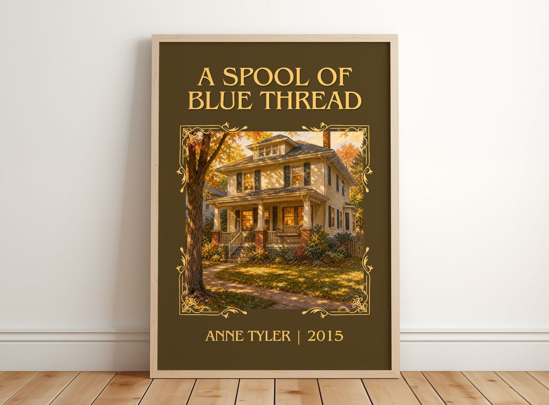 A Spool Of Blue Thread Classic Book Art Print by Anne Tyler – framed print leaning on a wooden floor