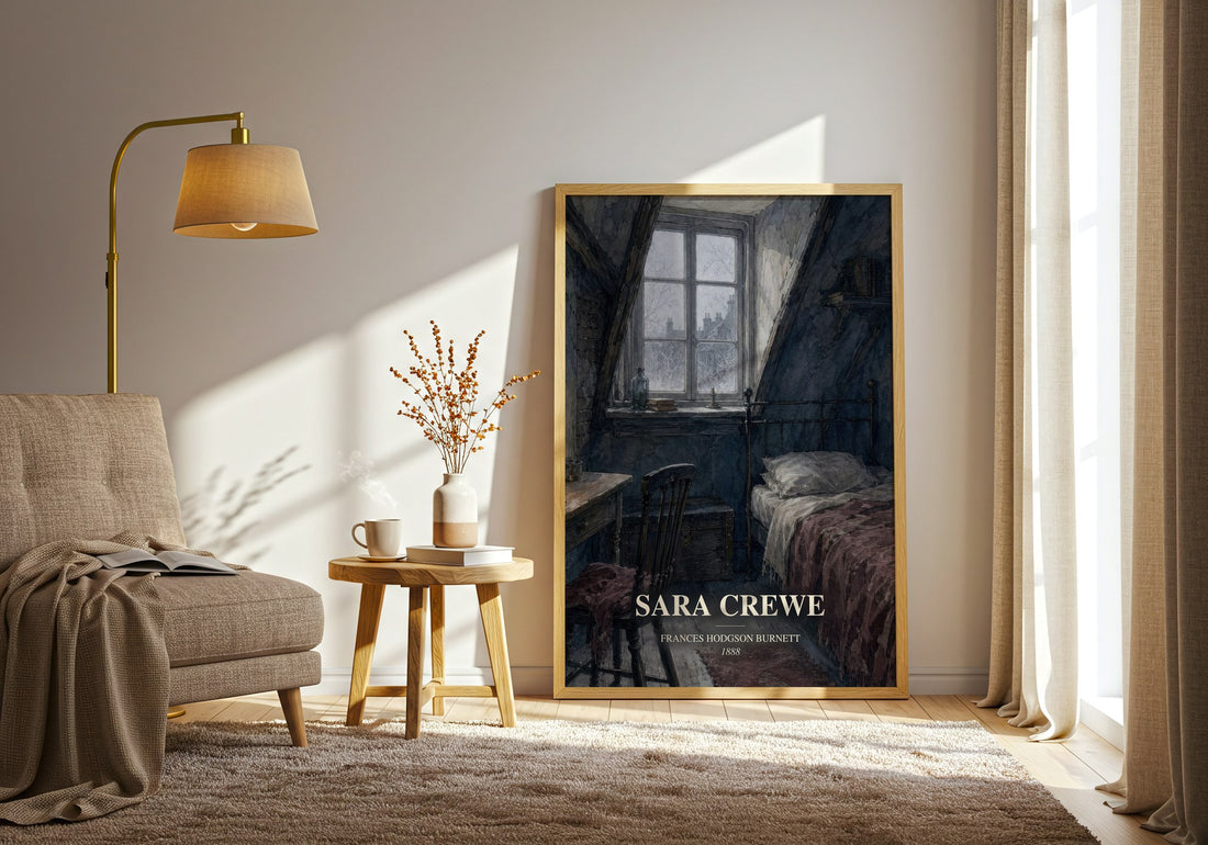 Sara Crewe watercolour print in frame leaning in hallway – childrens wall art (mockup)