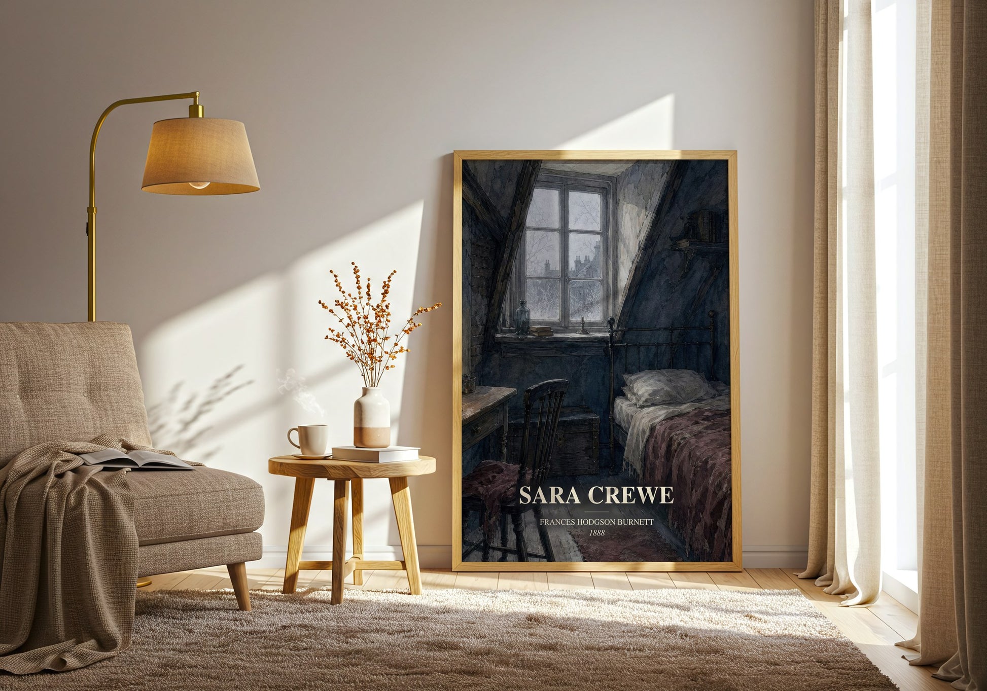 Sara Crewe watercolour print in frame leaning in hallway – childrens wall art