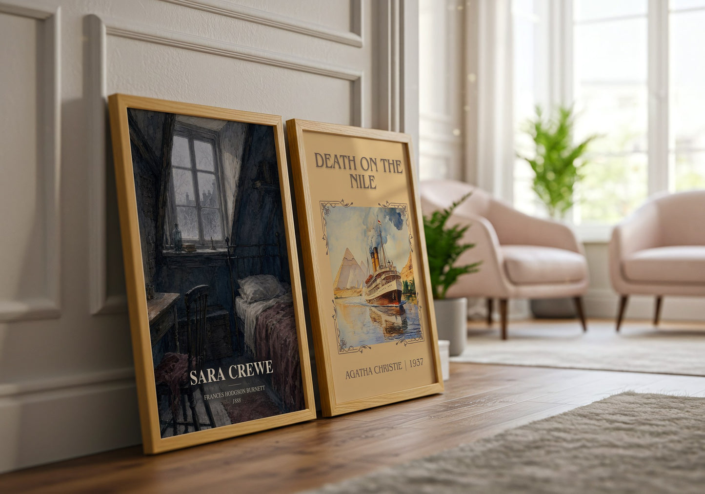 Sara Crewe watercolour print framed by window – literary home decor