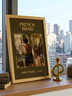 French Braid Classic Book Art Print by Anne Tyler – framed print on a city-view windowsill