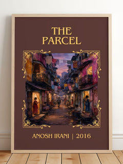 The Parcel Classic Book Art Print by Anosh Irani – framed print leaning on a wooden floor