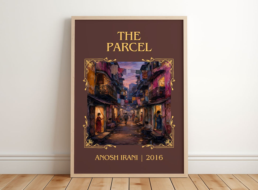 The Parcel Classic Book Art Print by Anosh Irani – framed print leaning on a wooden floor