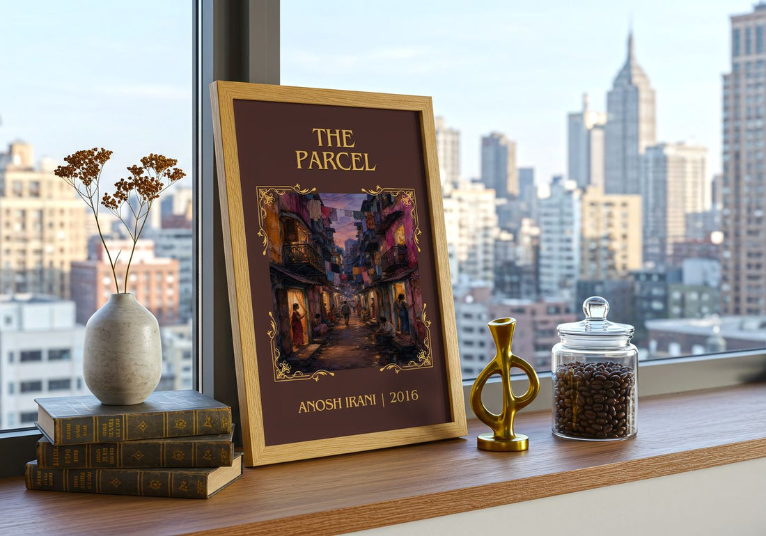 The Parcel Classic Book Art Print by Anosh Irani – framed print on a city-view windowsill